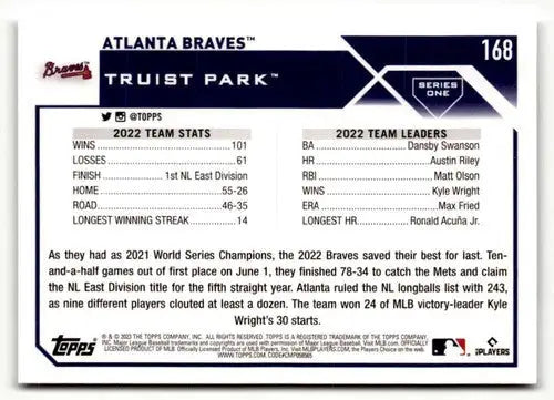2023 Topps #168 Atlanta Braves TC NM ID:50719 - Baseball Card Single