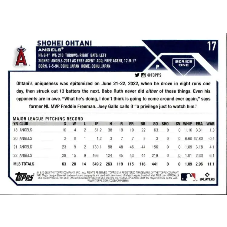 2023 Topps #17 Shohei Ohtani NM-MT Los Angeles Angels Baseball Card - Baseball Card Single