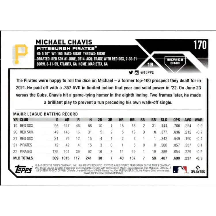 2023 Topps #170 Michael Chavis NM-MT Pittsburgh Pirates Baseball Card - Baseball Card Single