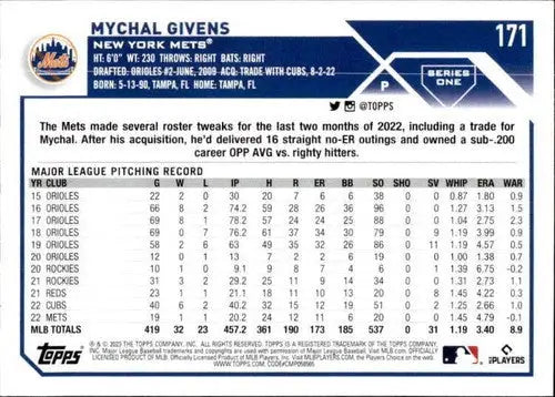 2023 Topps Mychal Givens baseball card with original gloss and NM-MT condition