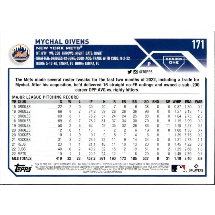 2023 Topps #171 Mychal Givens NM-MT New York Mets Baseball Card - Baseball Card Single