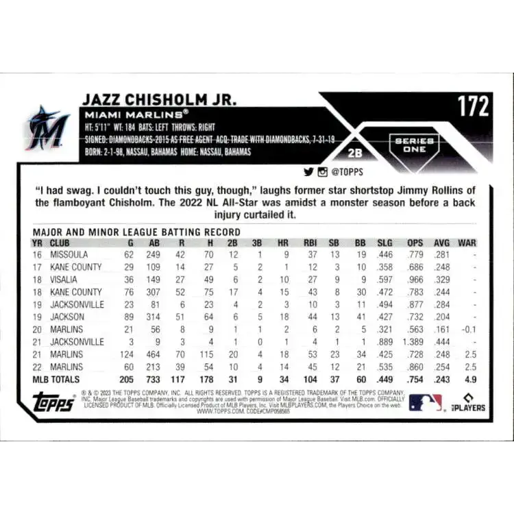 2023 Topps #172 Jazz Chisholm Jr. NM-MT Miami Marlins Baseball Card - Baseball Card Single