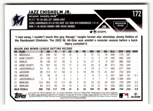 Jazz Chisholm Jr. baseball card from 2023 Topps with original gloss and Marlins design