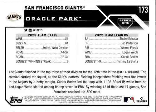 2023 Topps #173 San Francisco Giants NM-MT ID:58966 - Baseball Card Single