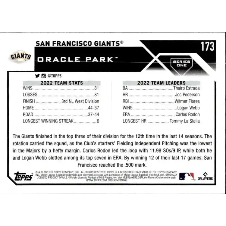 2023 Topps #173 San Francisco Giants NM-MT Team Card Baseball Card - Baseball Card Single