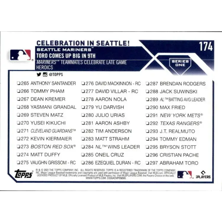 2023 Topps #174 Julio Rodriguez NM-MT Seattle Mariners Baseball Card - Baseball Card Single