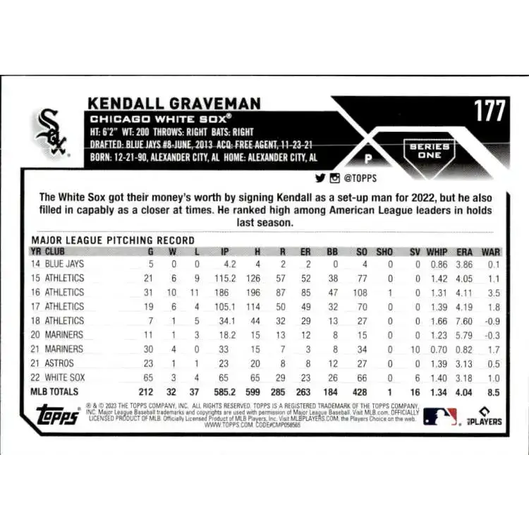 2023 Topps #177 Kendall Graveman NM-MT Chicago White Sox Baseball Card - Baseball Card Single