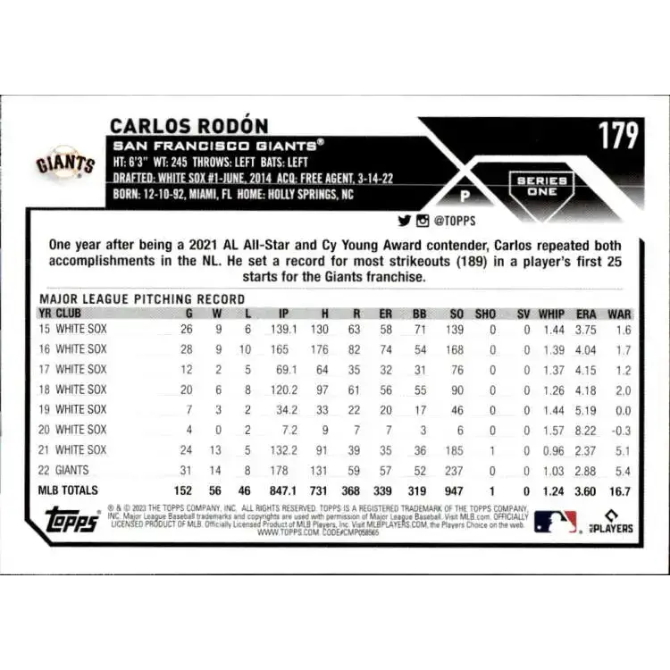 2023 Topps #179 Carlos Rodon NM-MT San Francisco Giants Baseball Card - Baseball Card Single