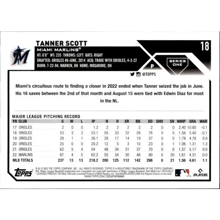 2023 Topps #18 Tanner Scott NM-MT Miami Marlins Baseball Card - Baseball Card Single