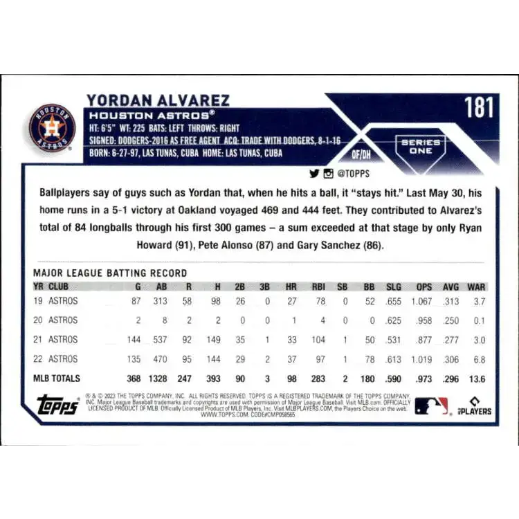 2023 Topps #181 Yordan Alvarez NM-MT Houston Astros Baseball Card - Baseball Card Single
