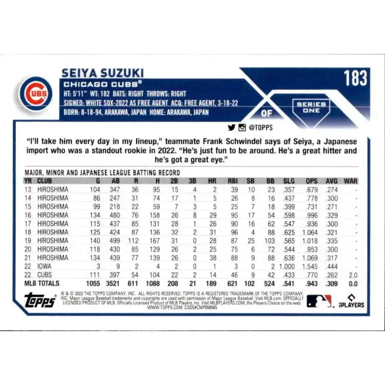 2023 Topps #183 Seiya Suzuki NM-MT Chicago Cubs Baseball Card - Baseball Card Single