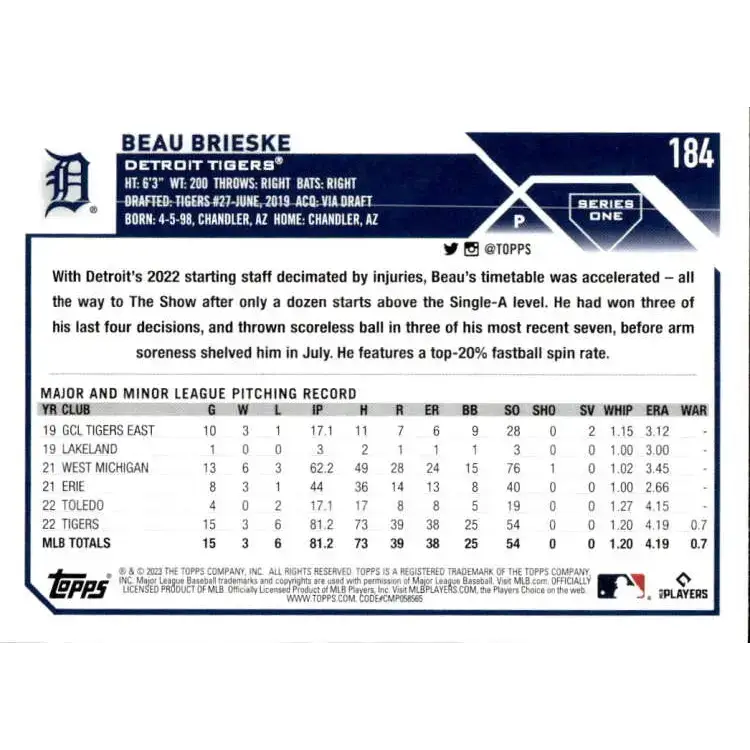 2023 Topps #184 Beau Brieske NM-MT Detroit Tigers Baseball Card - Baseball Card Single