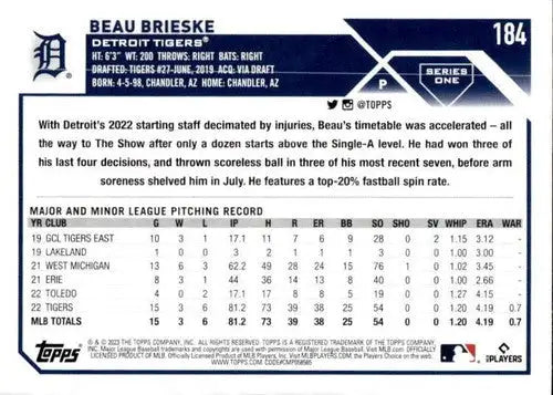 Original gloss baseball card of Beau Brieske NM-MT from 2023 Topps Tigers