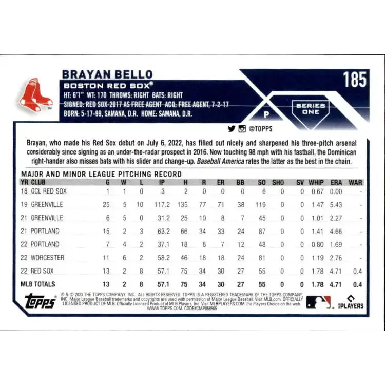 2023 Topps #185 Brayan Bello NM-MT RC Rookie Boston Red Sox Baseball Card - Baseball Card Single