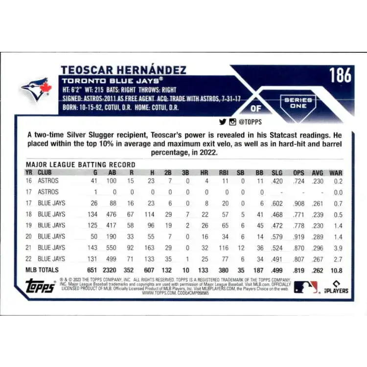 2023 Topps #186 Teoscar Hernandez NM-MT Toronto Blue Jays Baseball Card - Baseball Card Single