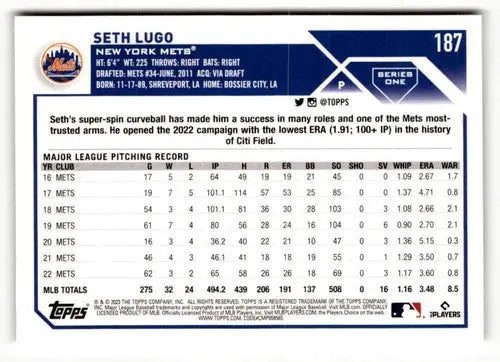 Baseball card back of 2023 Topps Seth Lugo with original gloss featuring Simply Sandoval