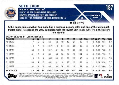 2023 Topps #187 Seth Lugo NM-MT Mets ID:50427 - Baseball Card Single