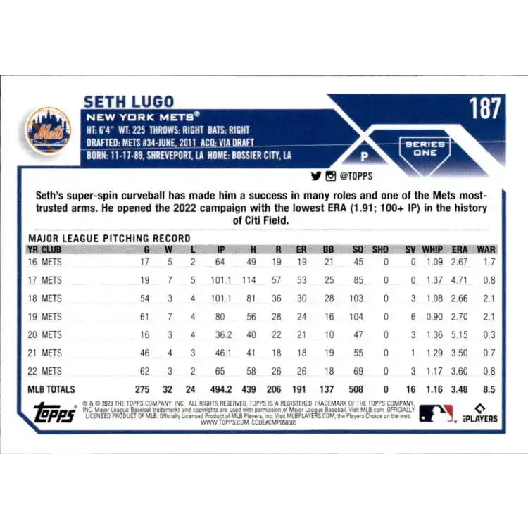 2023 Topps #187 Seth Lugo NM-MT New York Mets Baseball Card - Baseball Card Single