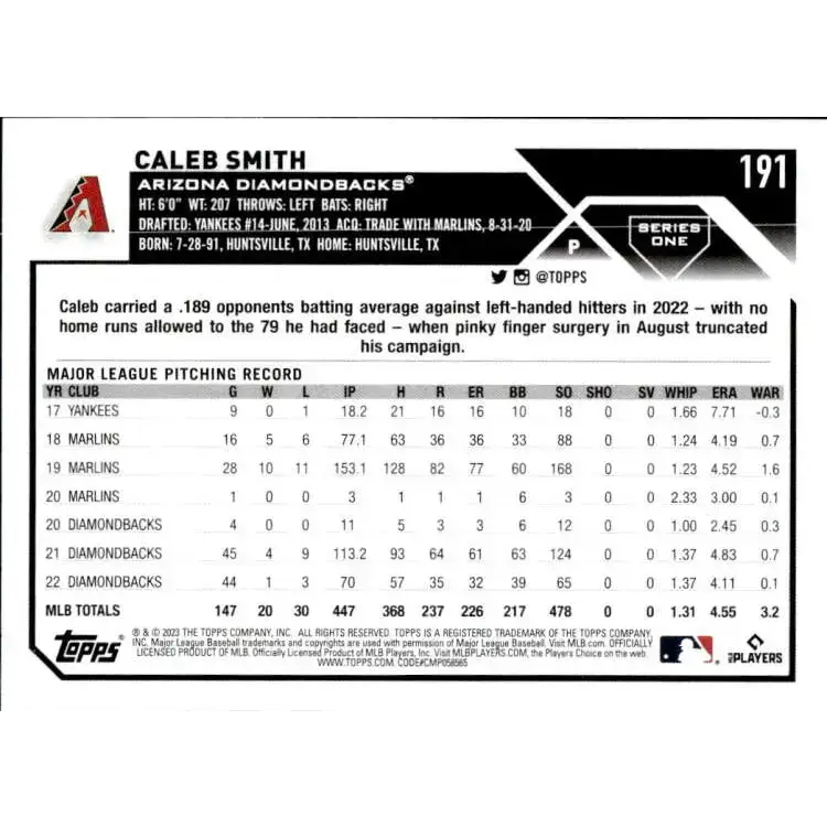 2023 Topps #191 Caleb Smith NM-MT Arizona Diamondbacks Baseball Card - Baseball Card Single