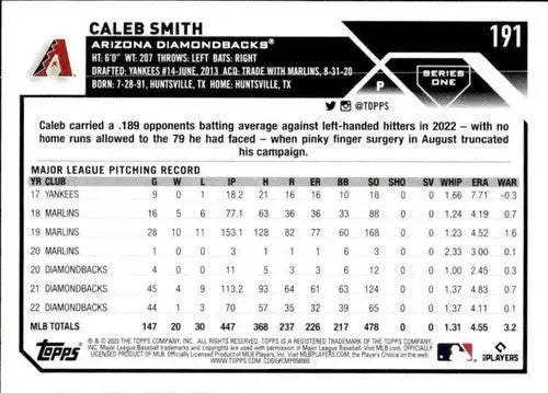 2023 Topps #191 Caleb Smith NM-MT Diamondbacks ID:49514 - Baseball Card Single