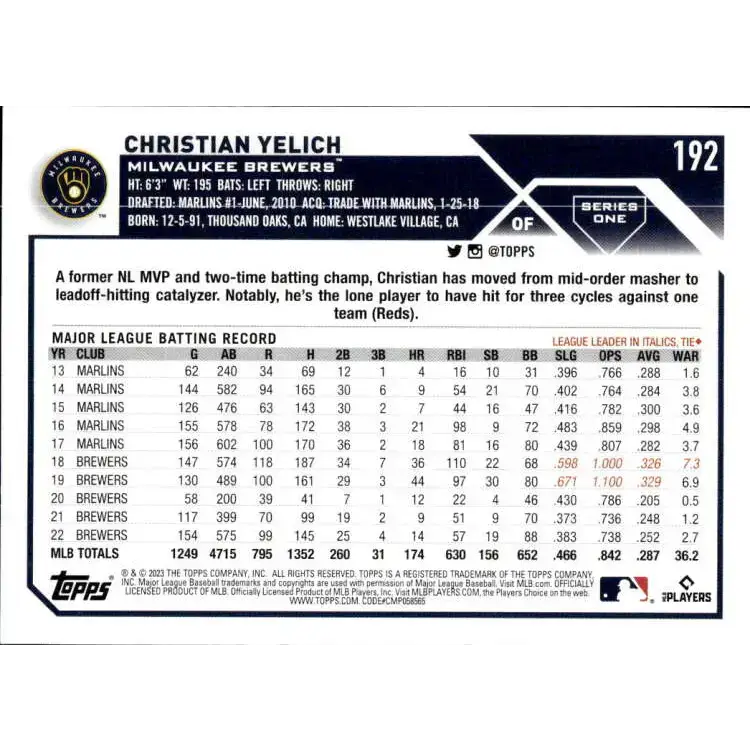 2023 Topps #192 Christian Yelich NM-MT Milwaukee Brewers Baseball Card - Baseball Card Single