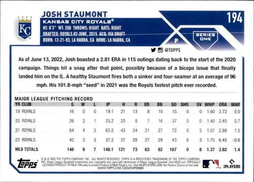 2023 Topps #194 Josh Staumont NM-MT Royals ID:49719 - Baseball Card Single