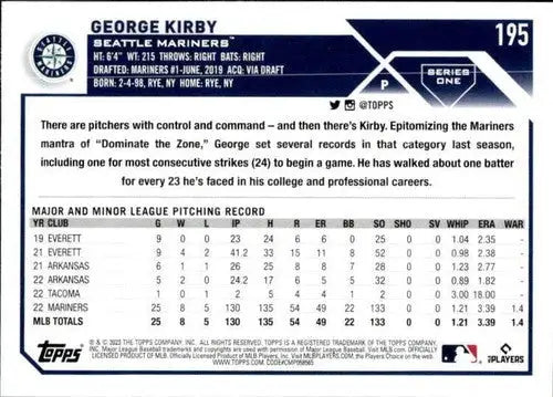 Baseball card back with original gloss of George Kirby NM-MT from 2023 Topps #195