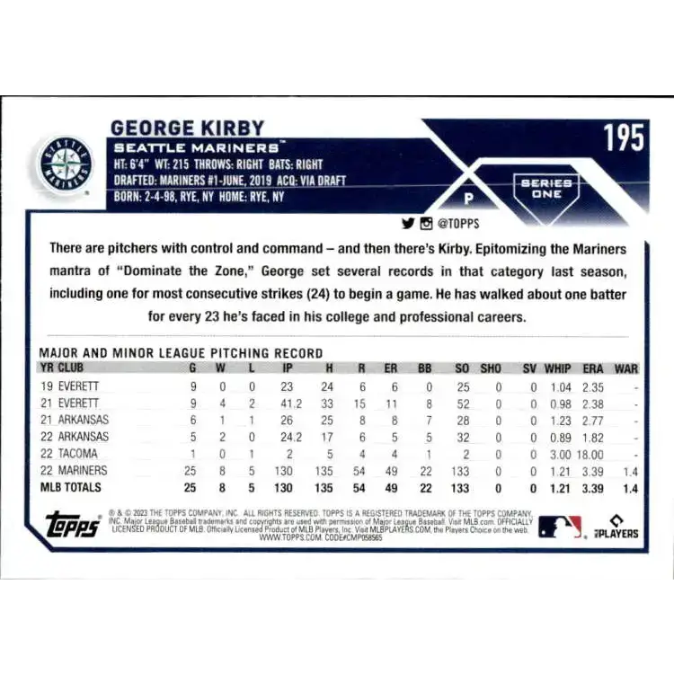 2023 Topps #195 George Kirby NM-MT Seattle Mariners Baseball Card - Baseball Card Single