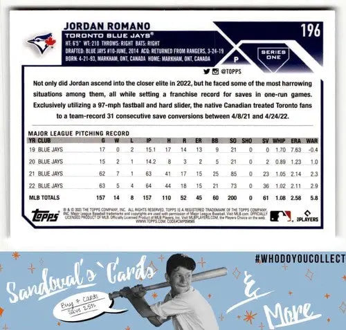 2023 Topps Jordan Romano baseball card with original gloss featuring Jordan Romano