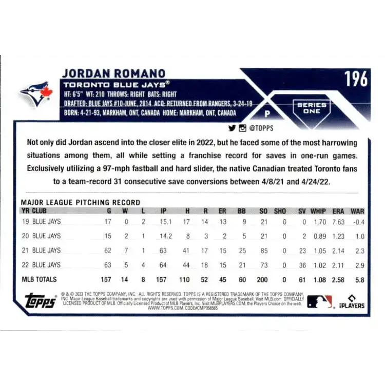 2023 Topps #196 Jordan Romano NM-MT Toronto Blue Jays Baseball Card - Baseball Card Single
