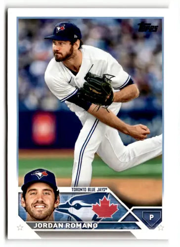 Original gloss Jordan Romano baseball card from 2023 Topps #196 featuring Blue Jays image