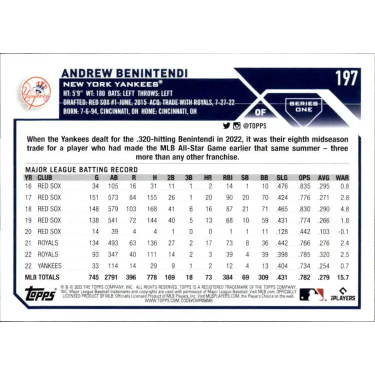 2023 Topps #197 Andrew Benintendi NM-MT New York Yankees Baseball Card - Baseball Card Single