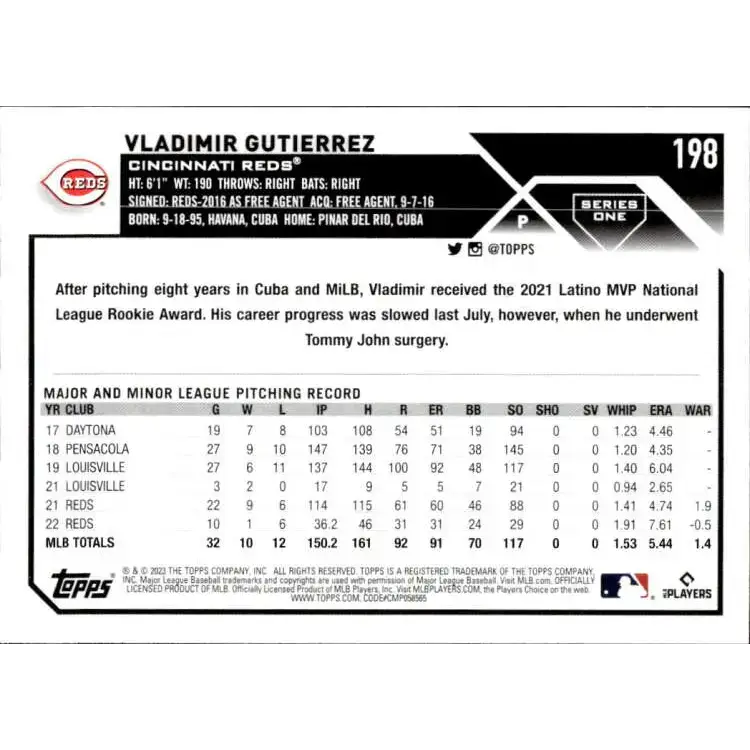 2023 Topps #198 Vladimir Gutierrez NM-MT Cincinnati Reds Baseball Card - Baseball Card Single
