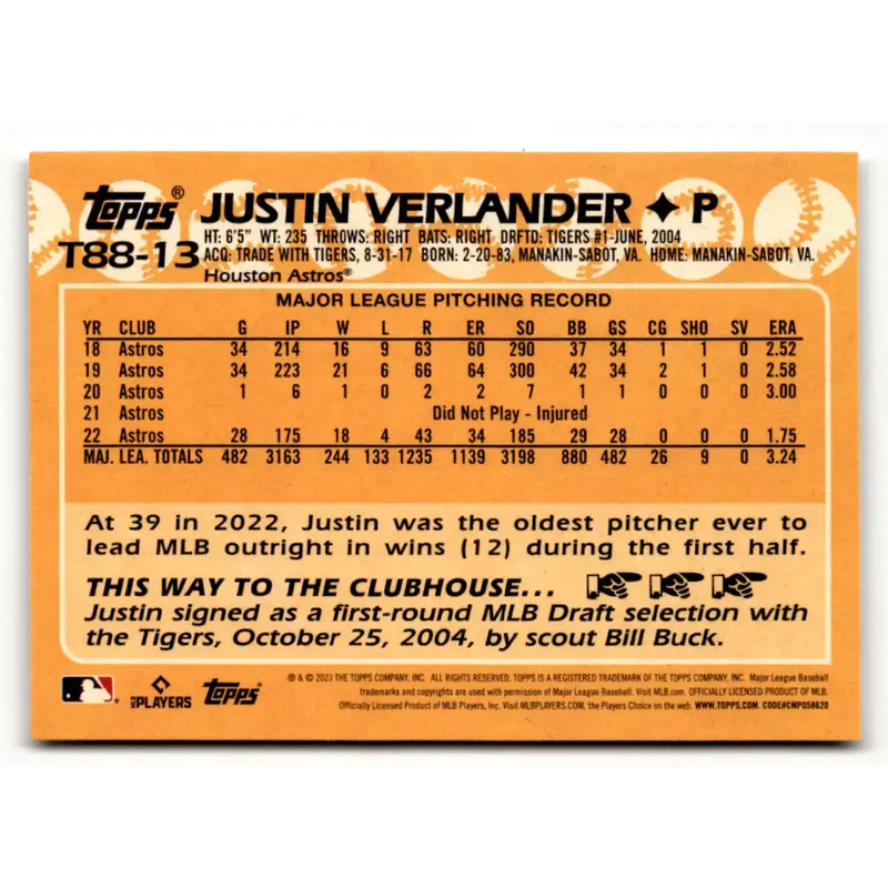 2023 Topps 1988 Baseball #T88-13 Justin Verlander NM-MT Houston Astros Baseball Card - Baseball Card Single