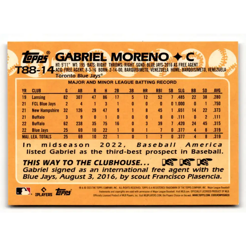 2023 Topps 1988 Baseball #T88-14 Gabriel Moreno NM-MT Toronto Blue Jays Baseball Card - Baseball Card Single