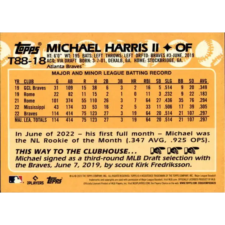 2023 Topps 1988 Baseball #T88-18 Michael Harris II NM-MT Atlanta Braves Baseball Card - Baseball Card Single