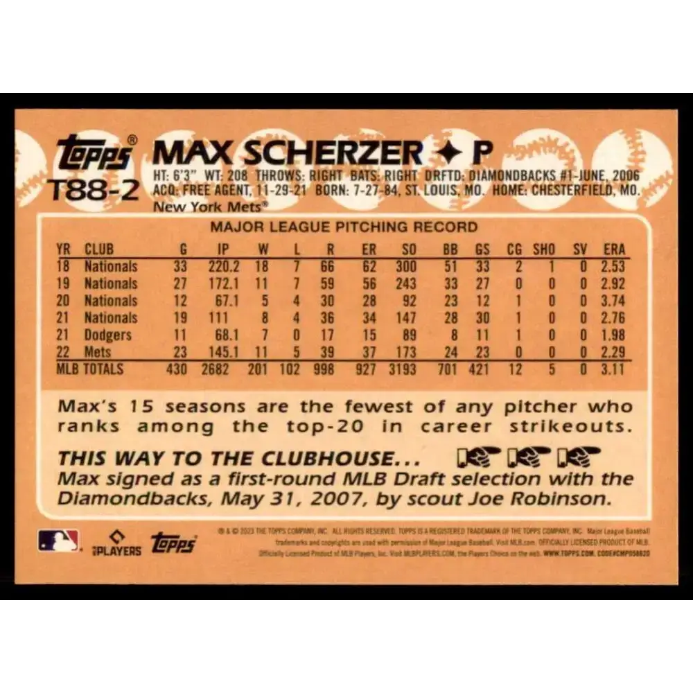 2023 Topps 1988 Baseball #T88-2 Max Scherzer NM-MT New York Mets Baseball Card - Baseball Card Single