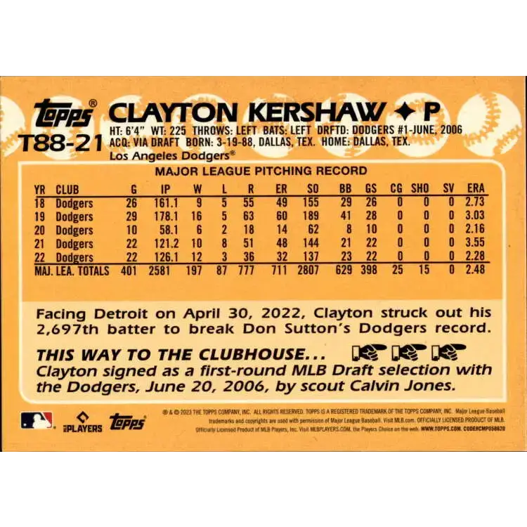 2023 Topps 1988 Baseball #T88-21 Clayton Kershaw NM-MT Los Angeles Dodgers Baseball Card - Baseball Card Single
