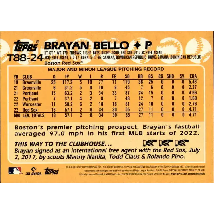 2023 Topps 1988 Baseball #T88-24 Brayan Bello NM-MT Boston Red Sox Baseball Card - Baseball Card Single