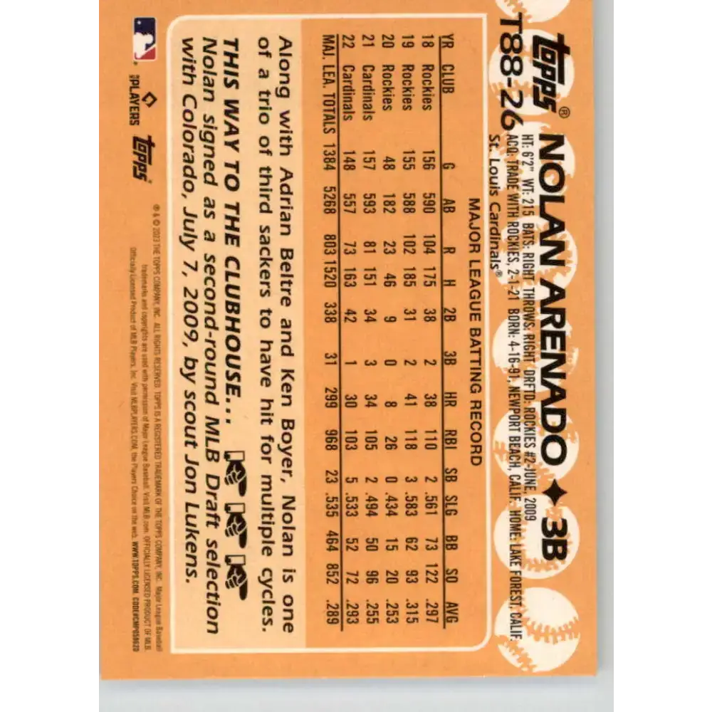 2023 Topps 1988 Baseball #T88-26 Nolan Arenado NM-MT St. Louis Cardinals Baseball Card - Baseball Card Single