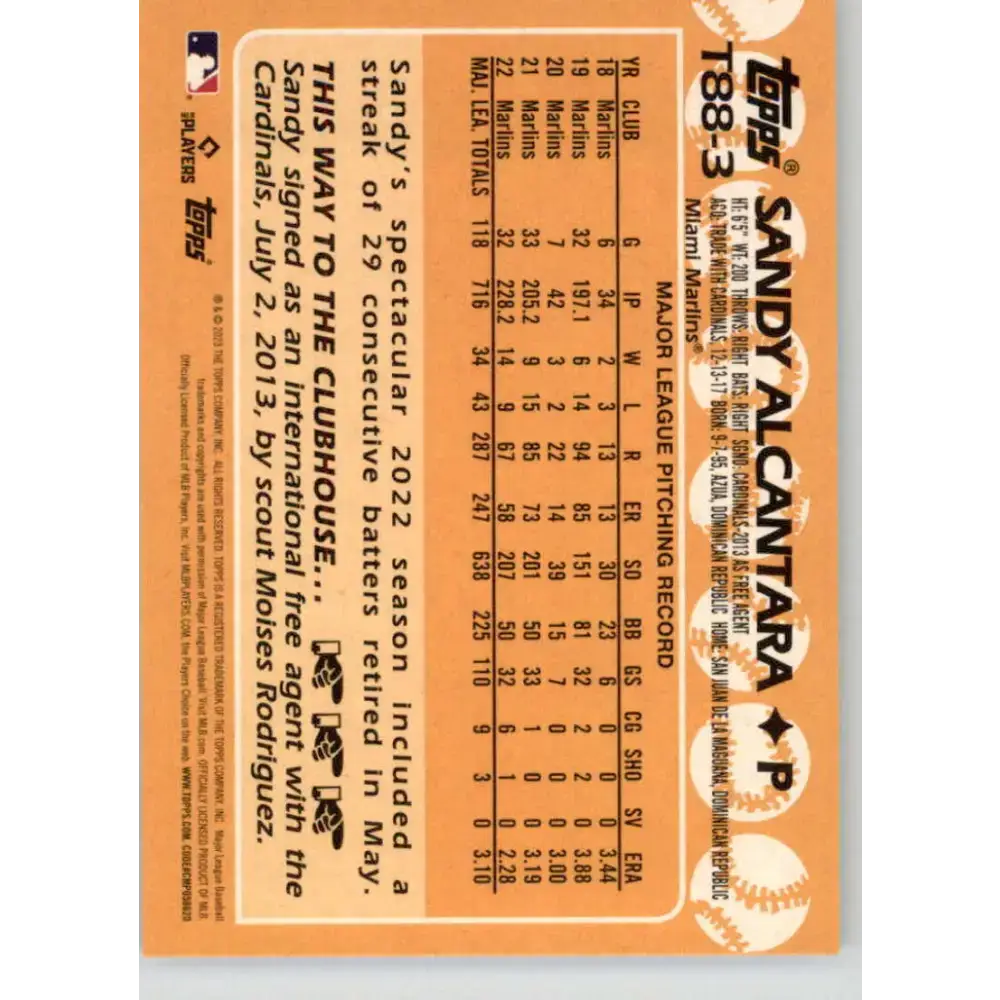 2023 Topps 1988 Baseball #T88-3 Sandy Alcantara NM-MT Miami Marlins Baseball Card - Baseball Card Single