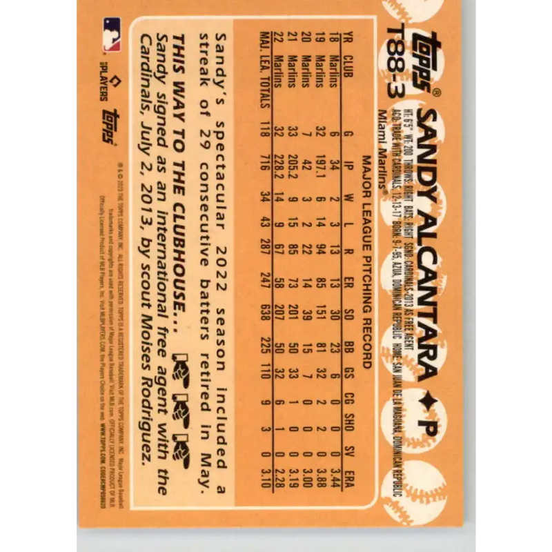 2023 Topps 1988 Baseball #T88-3 Sandy Alcantara NM-MT Miami Marlins Baseball Card - Baseball Card Single