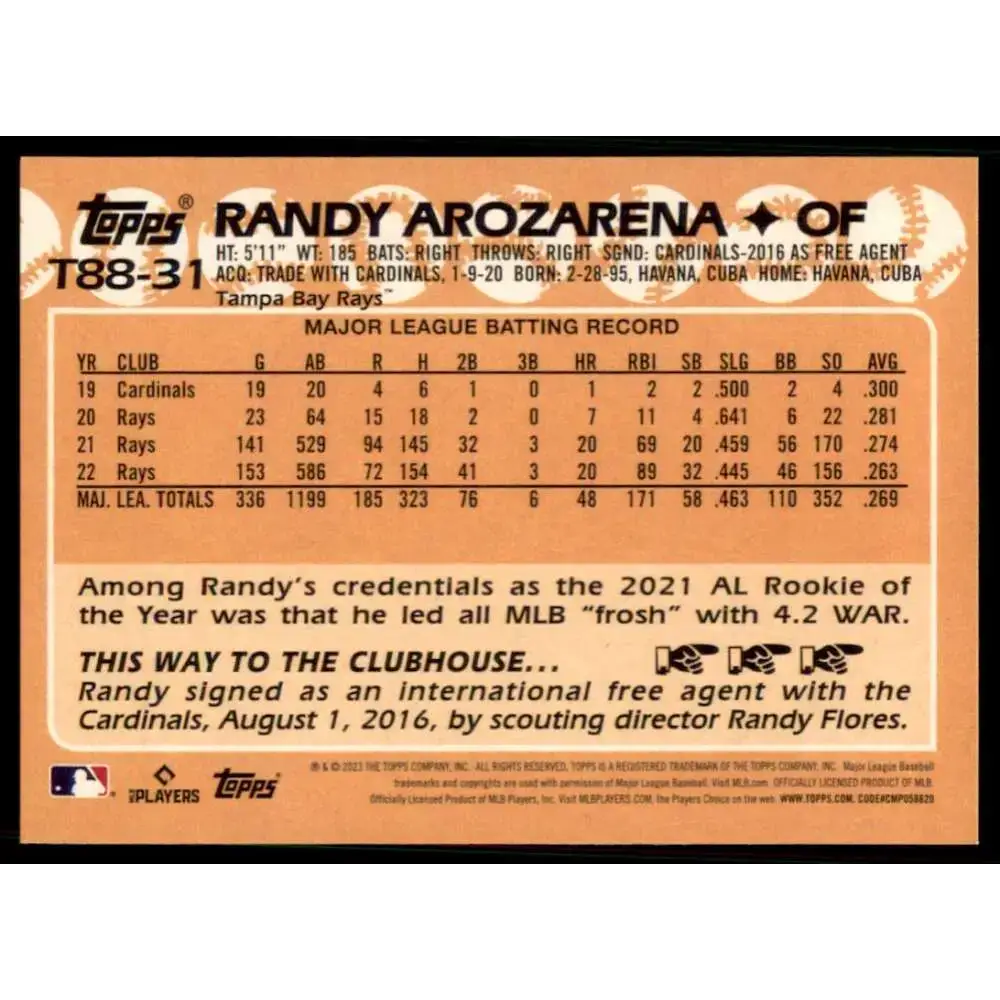 2023 Topps 1988 Baseball #T88-31 Randy Arozarena NM-MT Tampa Bay Rays Baseball Card - Baseball Card Single
