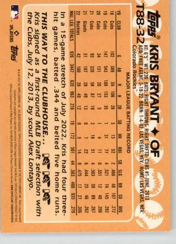 Original gloss Kris Bryant baseball card T88-32 from 2023 Topps 1988 series