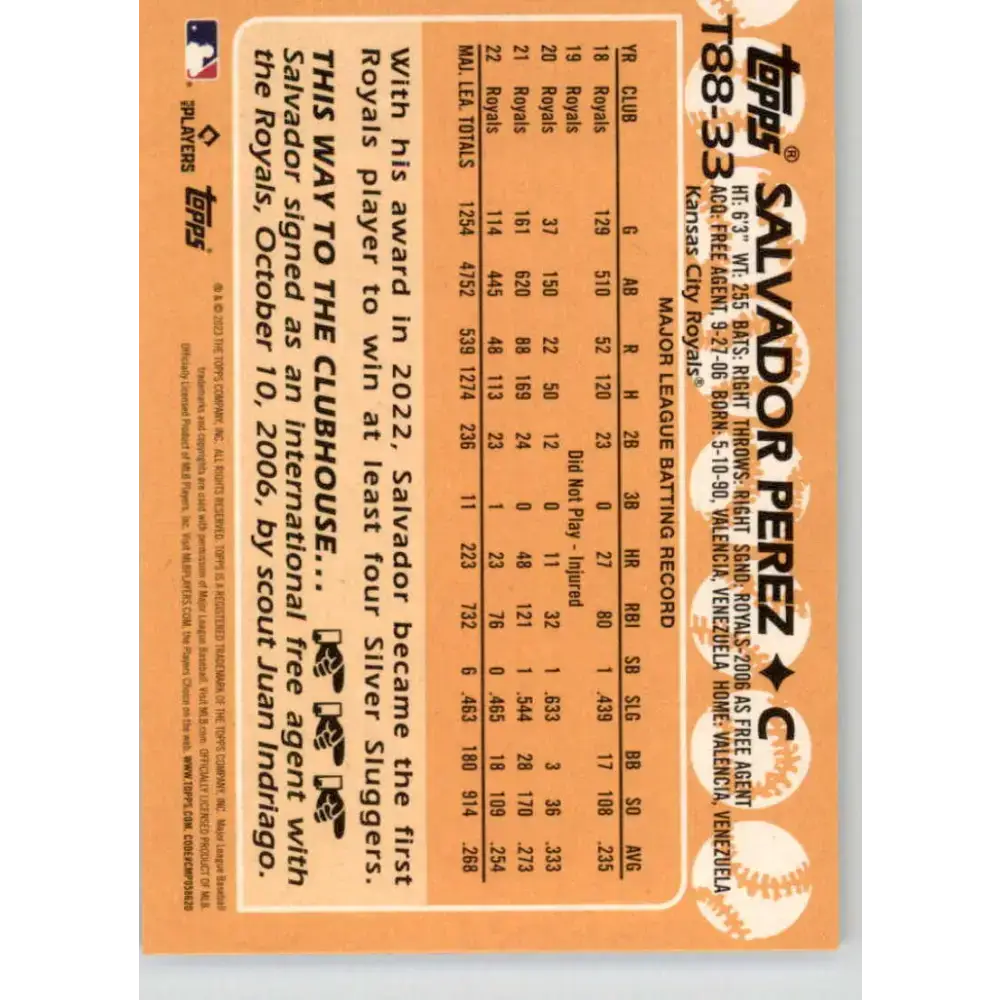 2023 Topps 1988 Baseball #T88-33 Salvador Perez NM-MT Kansas City Royals Baseball Card - Baseball Card Single