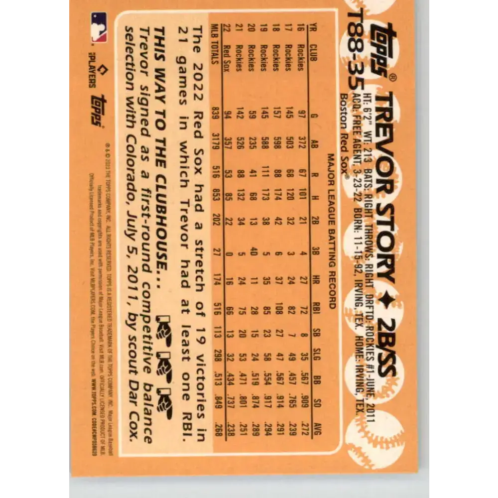 2023 Topps 1988 Baseball #T88-35 Trevor Story NM-MT Boston Red Sox Baseball Card - Baseball Card Single