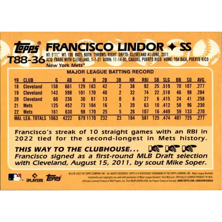 2023 Topps 1988 Baseball #T88-36 Francisco Lindor NM-MT New York Mets Baseball Card - Baseball Card Single