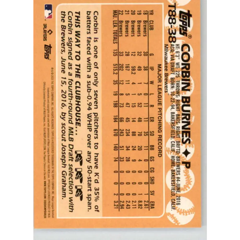 2023 Topps 1988 Baseball #T88-38 Corbin Burnes NM-MT Milwaukee Brewers Baseball Card - Baseball Card Single