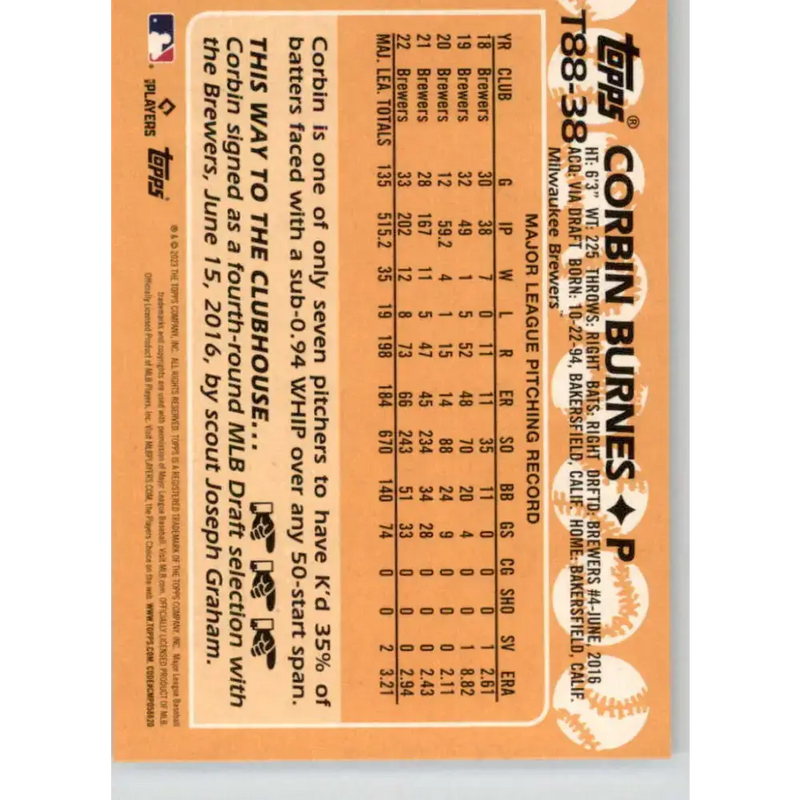 2023 Topps 1988 Baseball #T88-38 Corbin Burnes NM-MT Milwaukee Brewers Baseball Card - Baseball Card Single