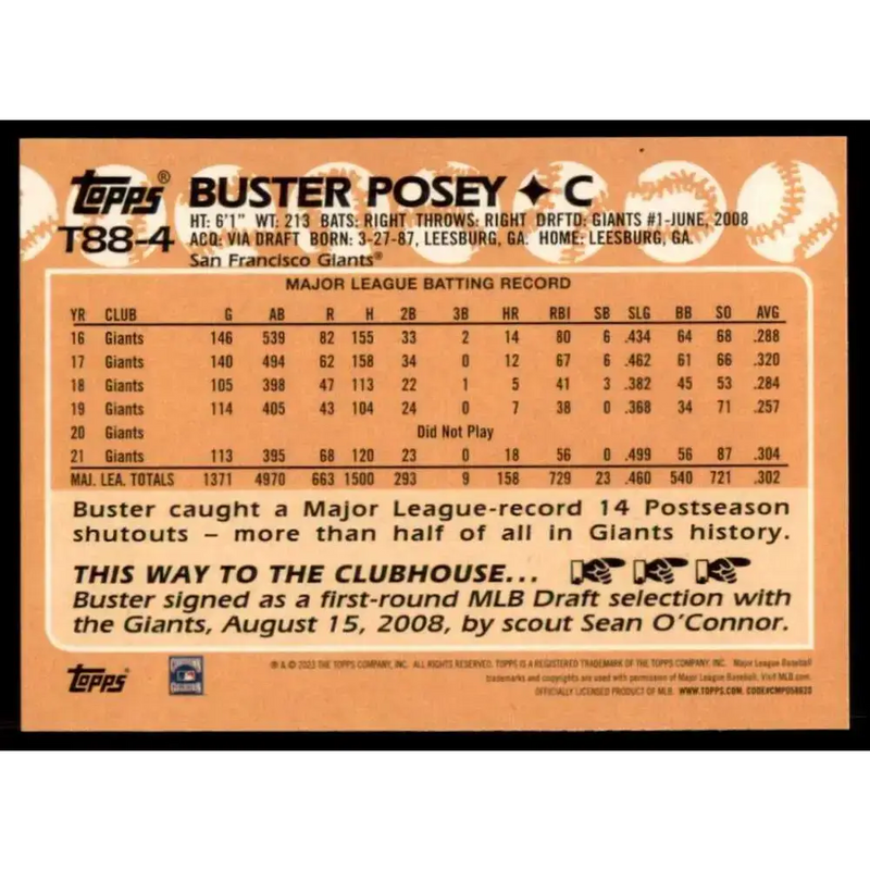 2023 Topps 1988 Baseball #T88-4 Buster Posey NM-MT San Francisco Giants Baseball Card - Baseball Card Single